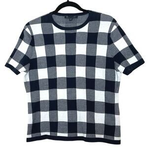 Brooks Brothers Women’s Short Sleeve Gingham Sweater Top Navy Blue/White Size XL